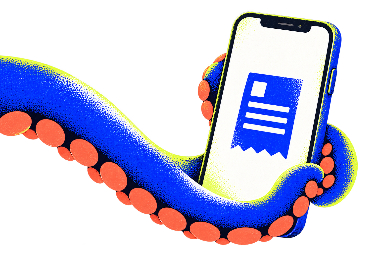 Ein blauer Siebdruck-Tentakel hält ein Smartphone mit Belegsymbol.